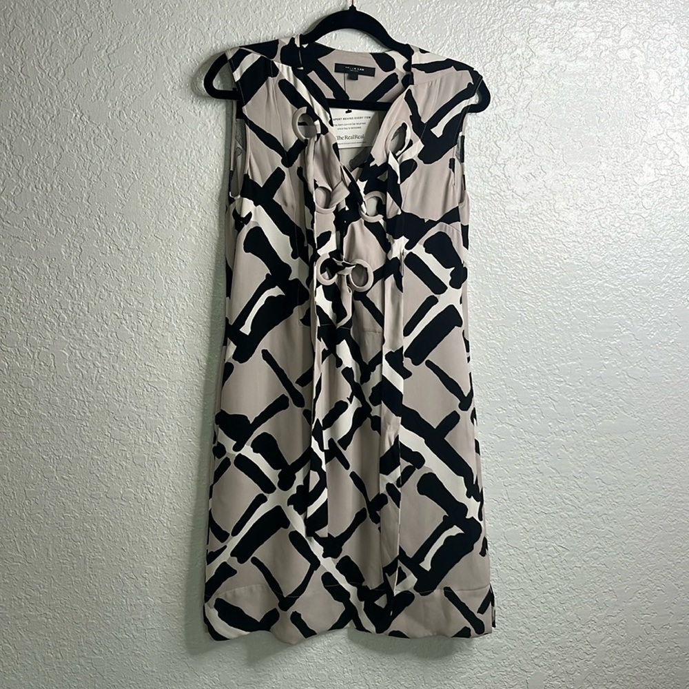 Derek Lam New York Beige & Black Zebra Striped Silk Lace-Up Grommet Dres…
